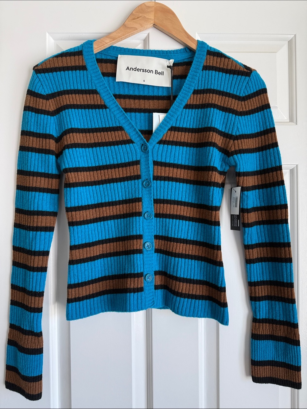 Andersson Bell - Old School Knit Cardigan. Blue and brown stripes. Size Small.